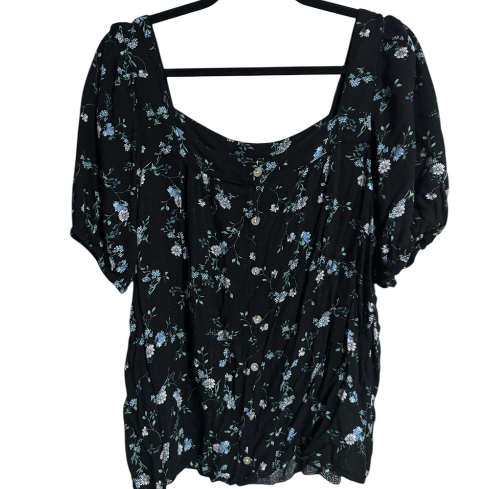 Angels Black Floral Puff-Sleeve Button Top